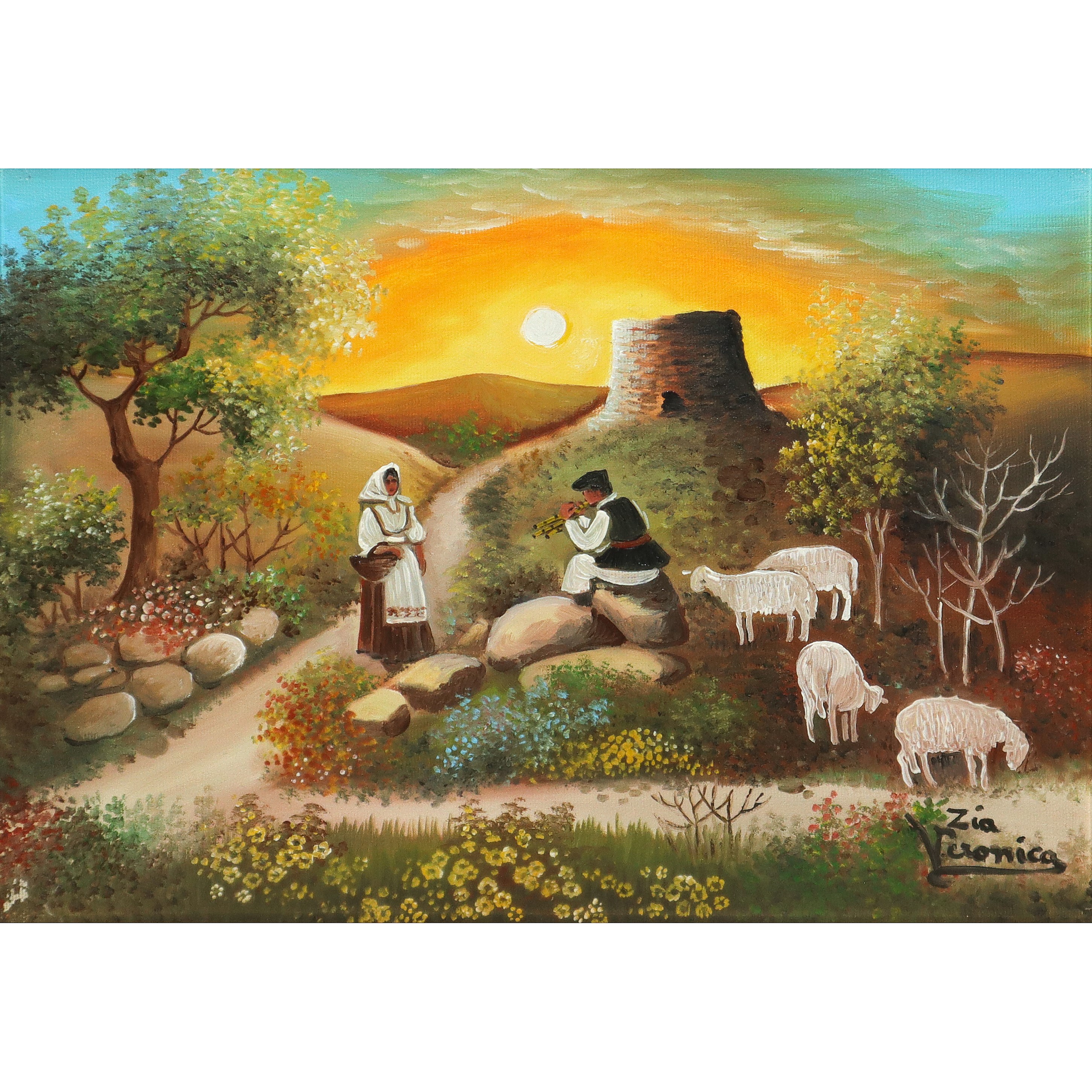 Paesaggio sardo campestre con gregge e pastori