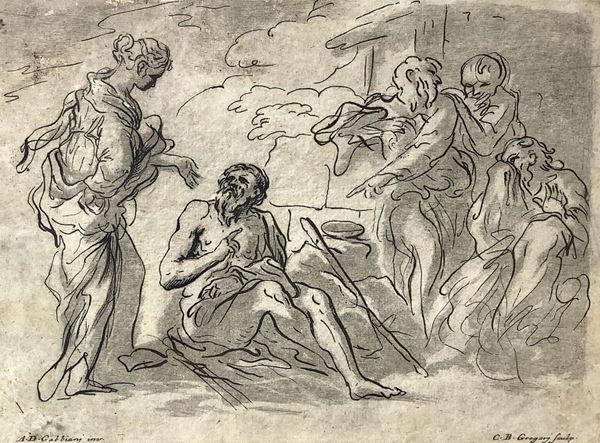 Disegno preparatorio per incisione di Anton Domenico Gabbiani (Firenze 1652-1726) raffigurante mendicante e personaggi. Mm 147x200, in cornice Mm 385x470. Scultore C.B. Gregori.