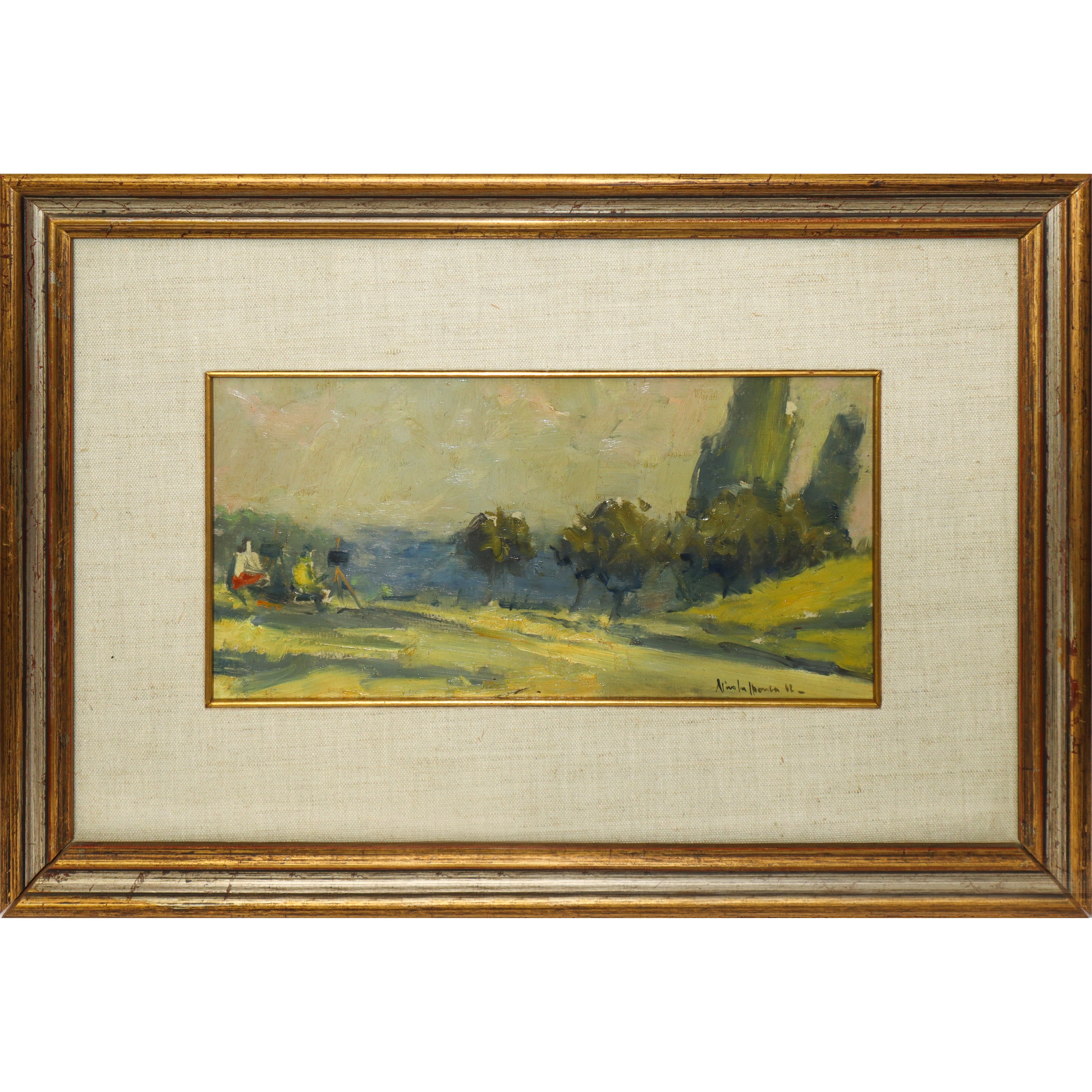 Paesaggio con alberi e pittori