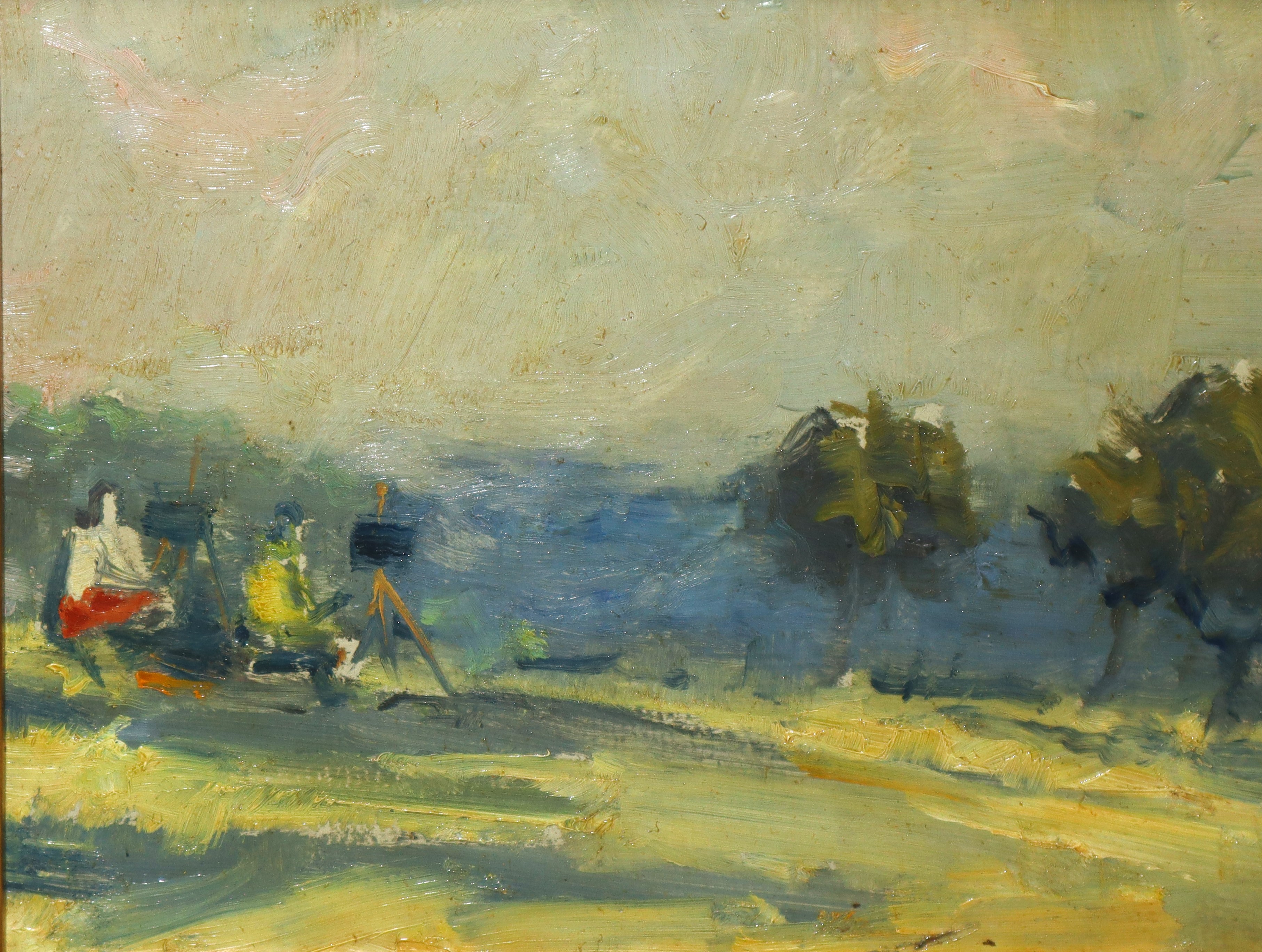 Paesaggio con alberi e pittori