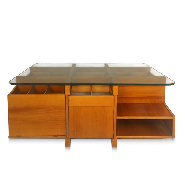Tavolino basso vintage da salotto in legno e vetro