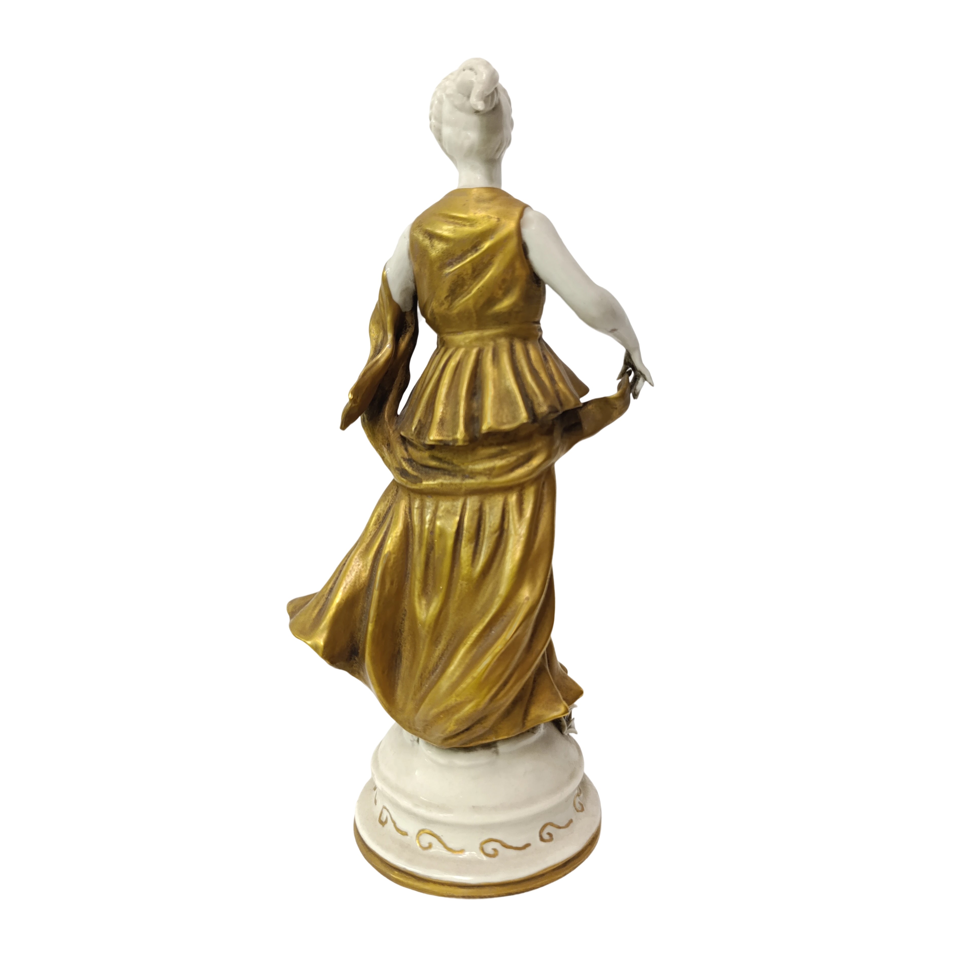 Capodimonte - Piccola Statua di Donna con Fiore e Abito con Oro Zecchino