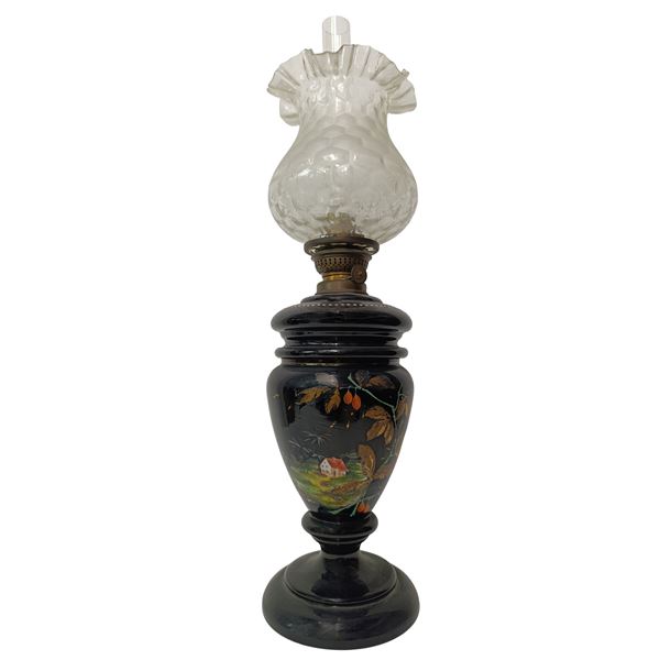 Black opaline oil lamp painted with a country scene and glass diffuser