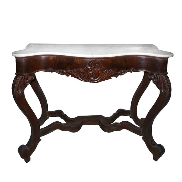 Louis Philippe console in walnut wood, marble on the top, carved front, curved carved legs connected to the base by crosspieces converging in the center