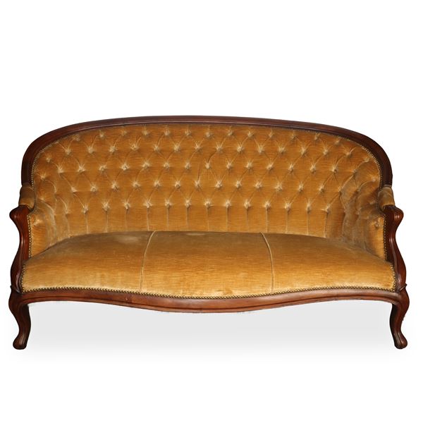 Louis Philippe sofa in walnut wood with capitonné upholstered backrest