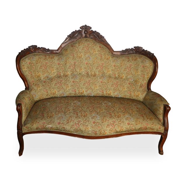 Louis Philippe sofa in walnut wood with carved leaf backrest