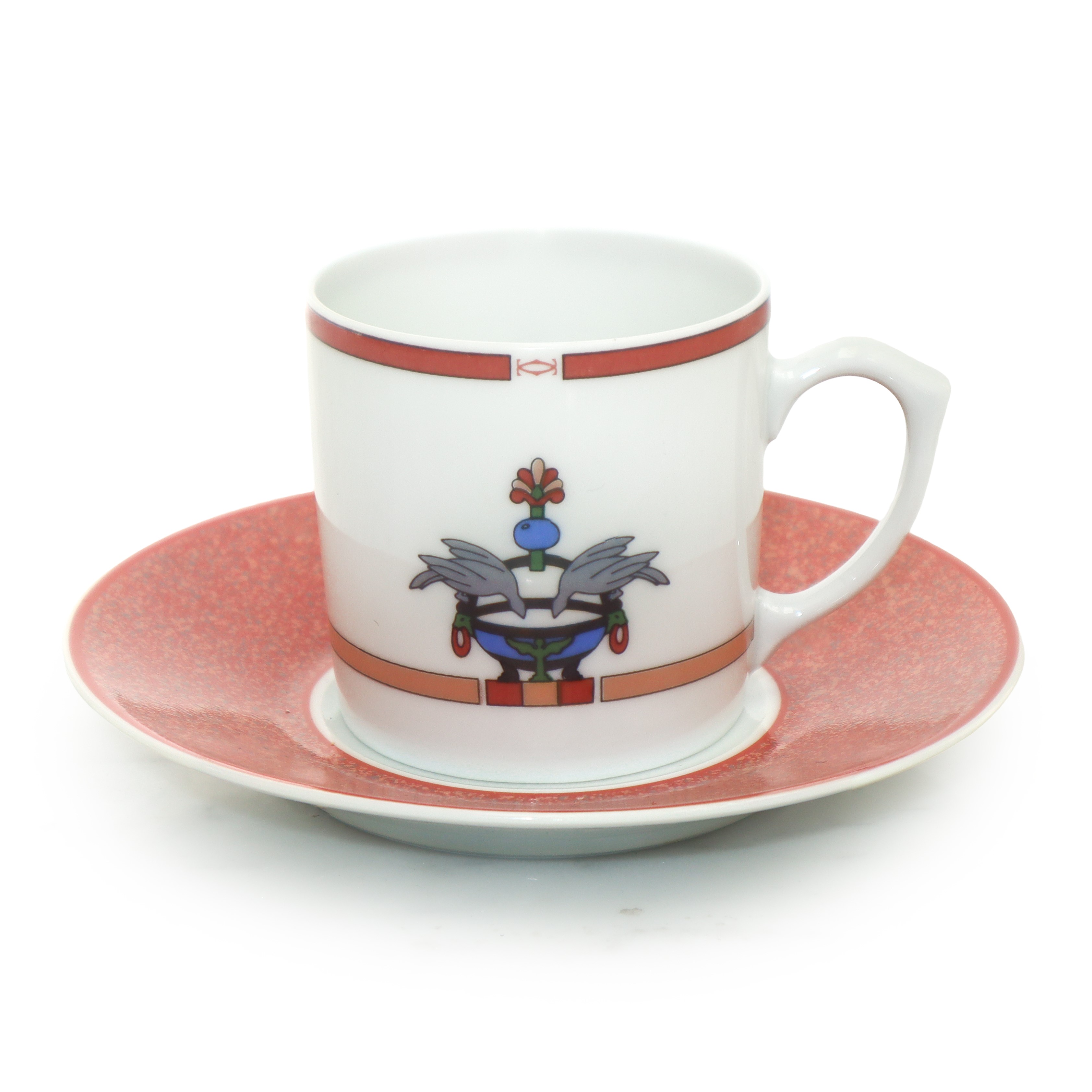 Completissimo servizio in porcellana di Limoges bianca e corallo La Maison Venitienne, con decoro...