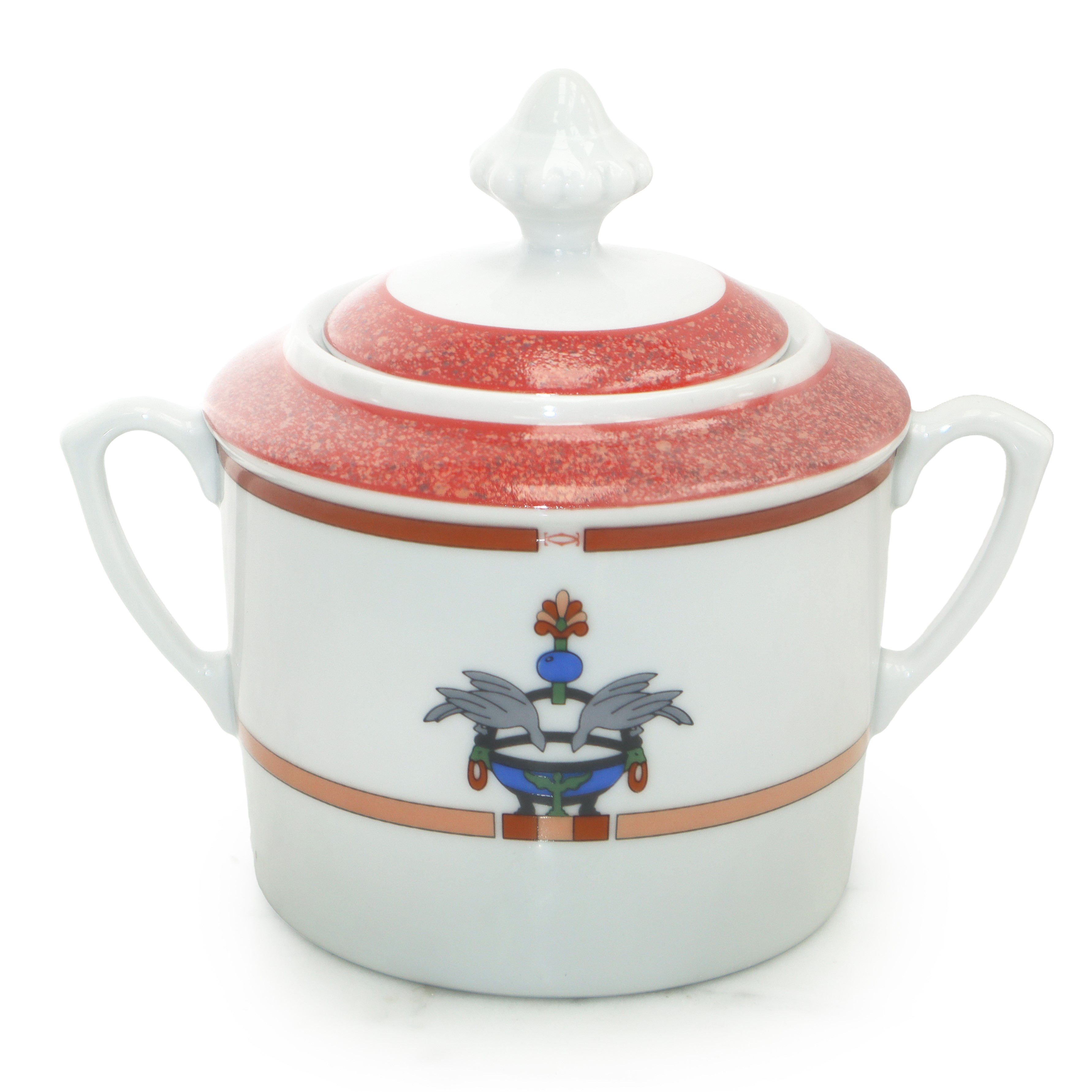 Completissimo servizio in porcellana di Limoges bianca e corallo La Maison Venitienne, con decoro...