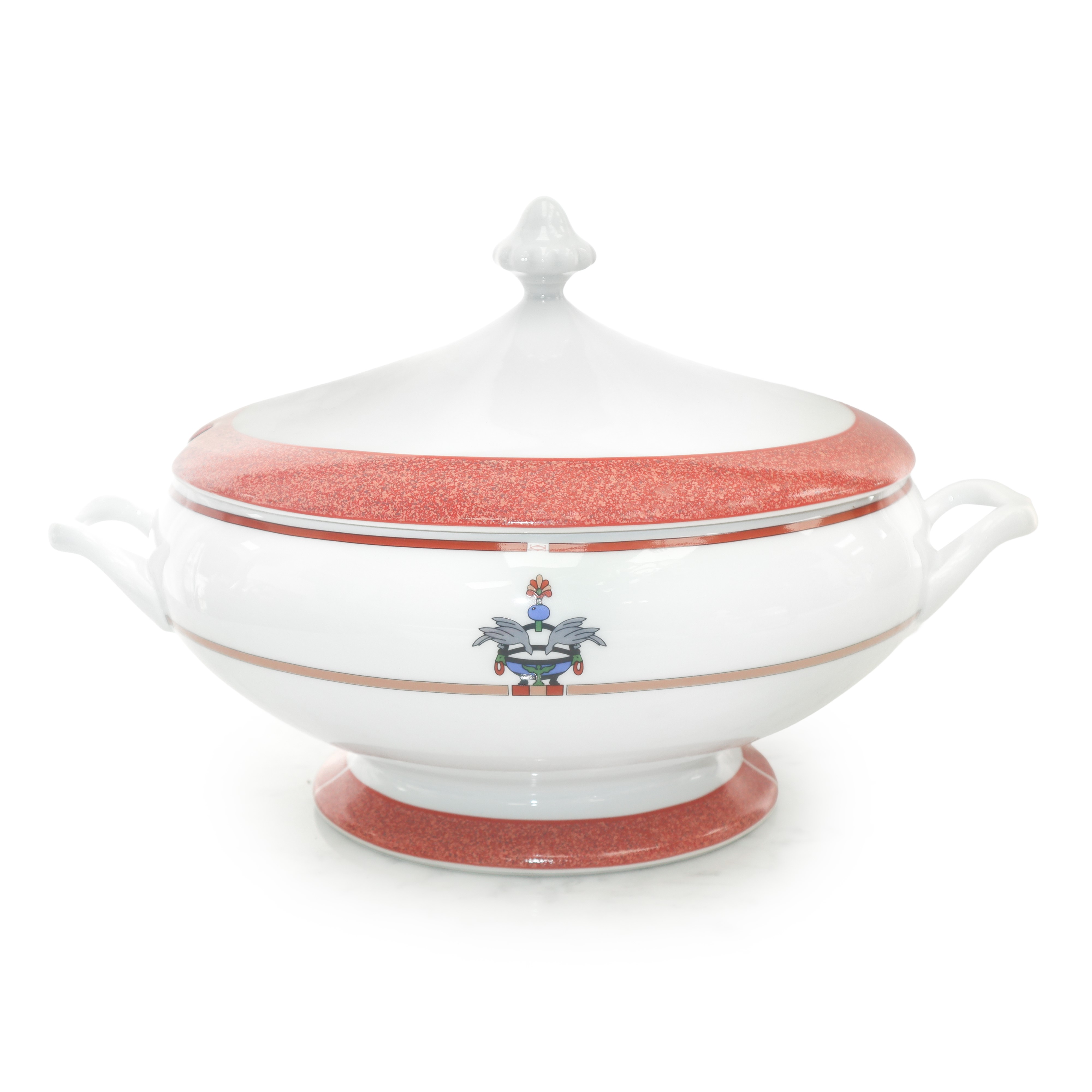 Completissimo servizio in porcellana di Limoges bianca e corallo La Maison Venitienne, con decoro...