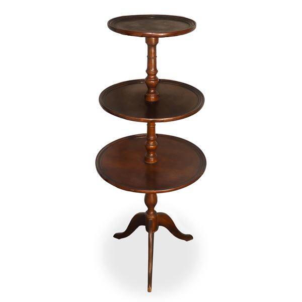 Three-tier round walnut silent servant, three-spoke foot, reel-shaped dostegno shaft 