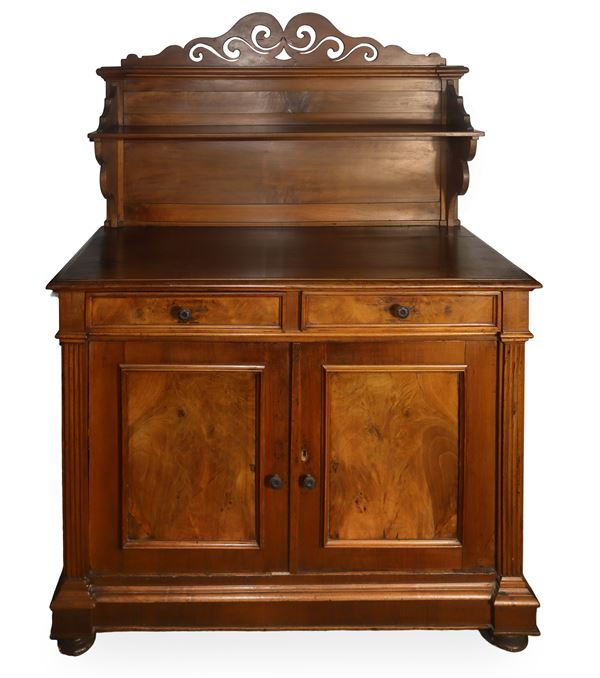 Walnut and walnut root plate rack with two drawers under the top and two doors at the base 