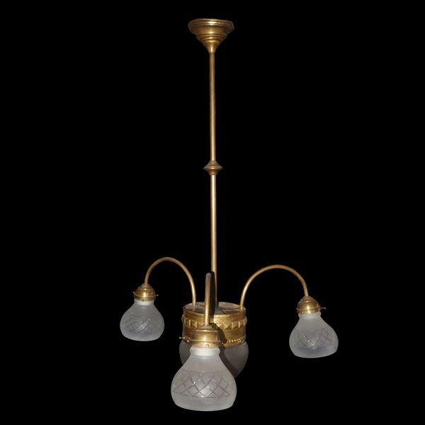 4-light chandelier, carved glass 