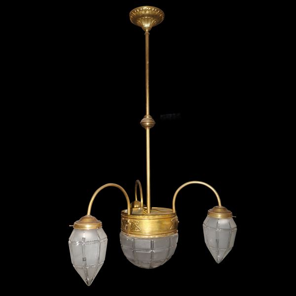 4-light chandelier, opaque glass carved with rectangular motifs