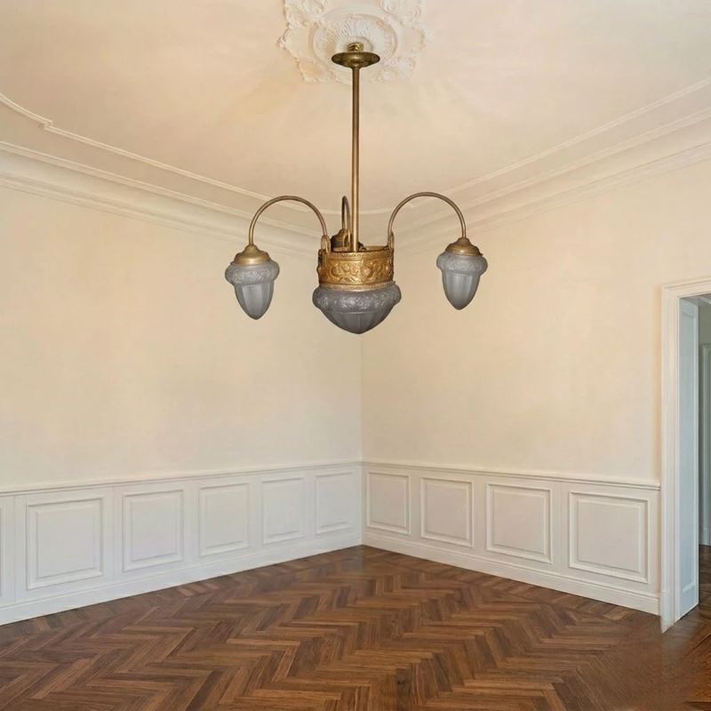 Lampadario a 4 luci, vetri decorati a motivi floreali