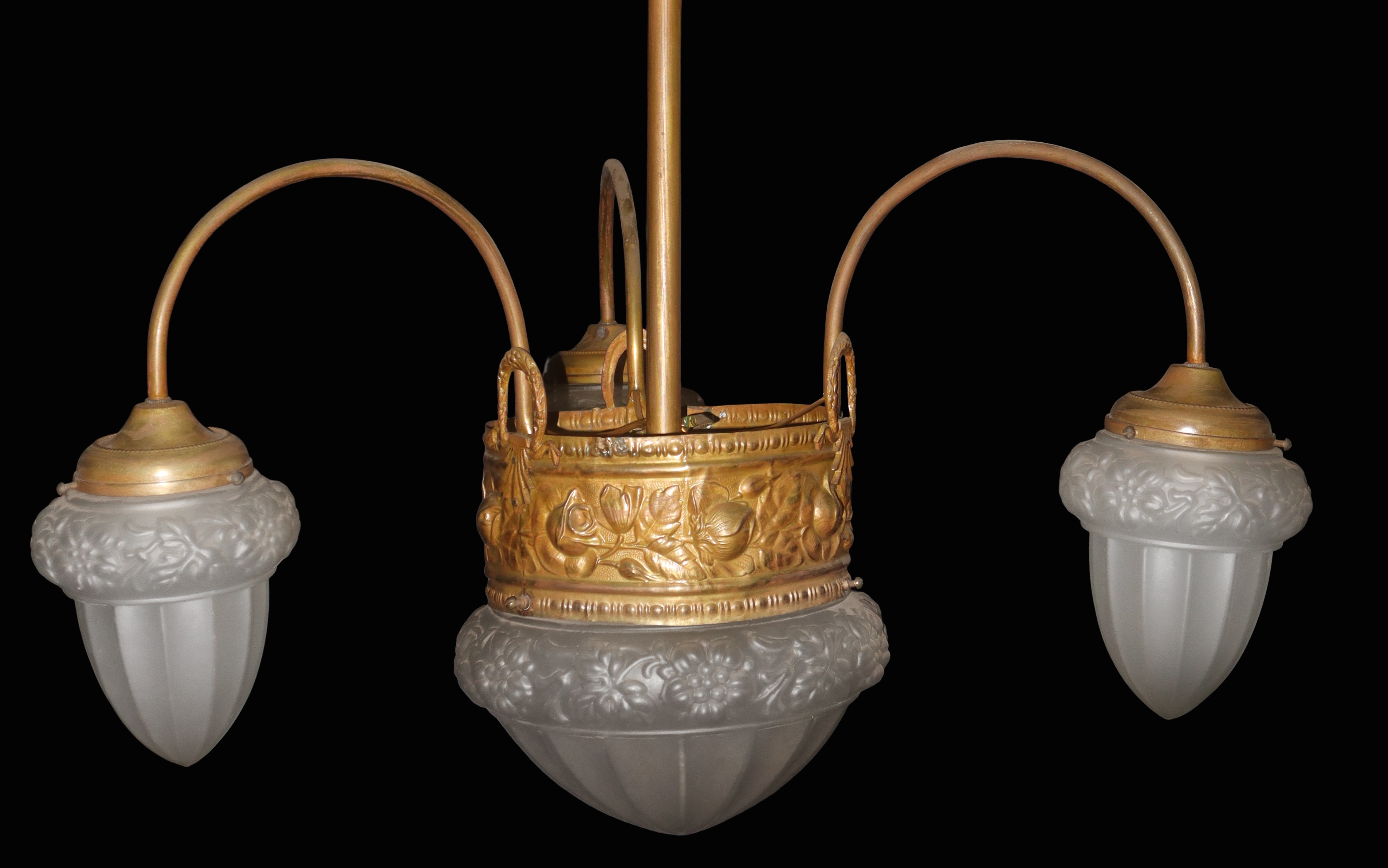 Lampadario a 4 luci, vetri decorati a motivi floreali