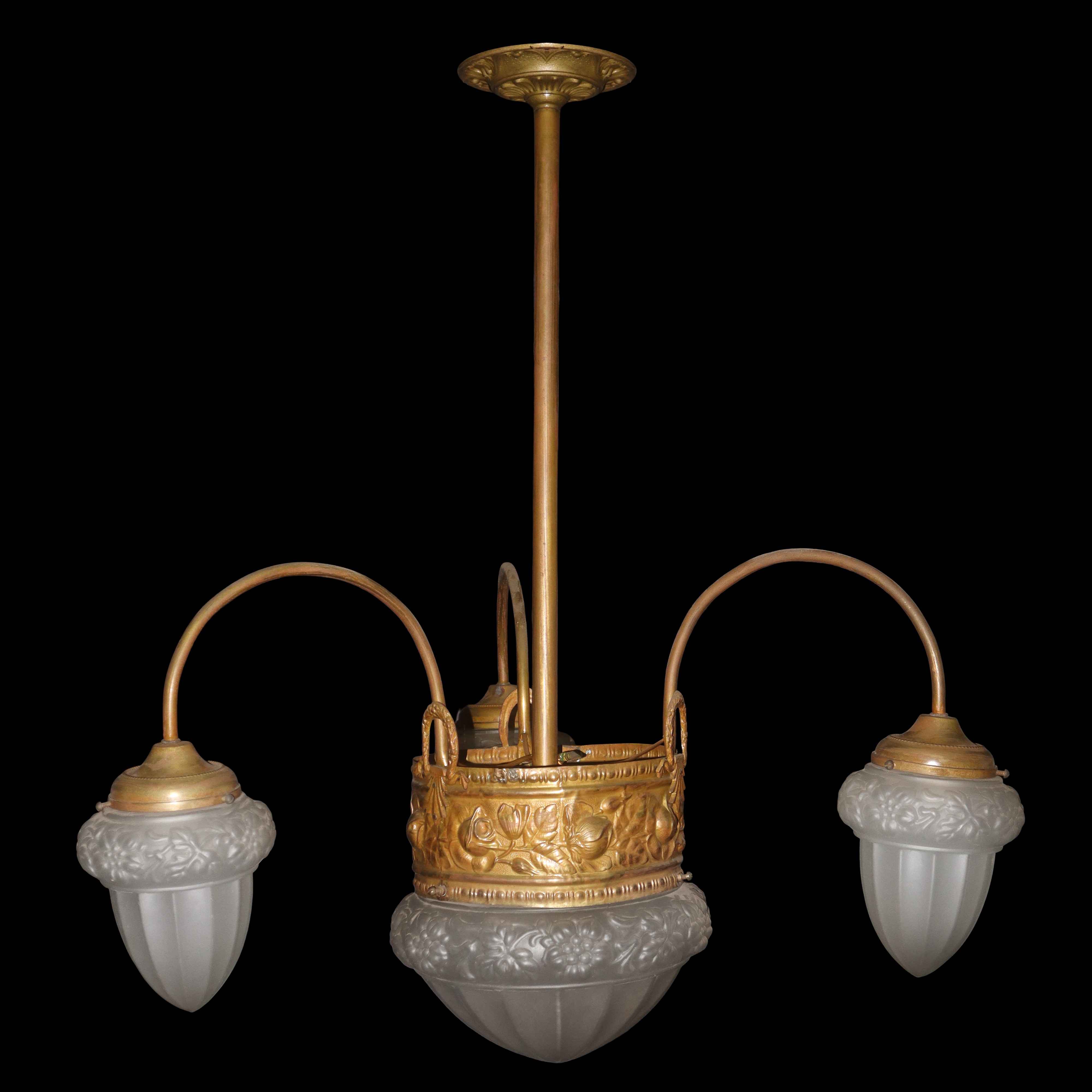 Lampadario a 4 luci, vetri decorati a motivi floreali