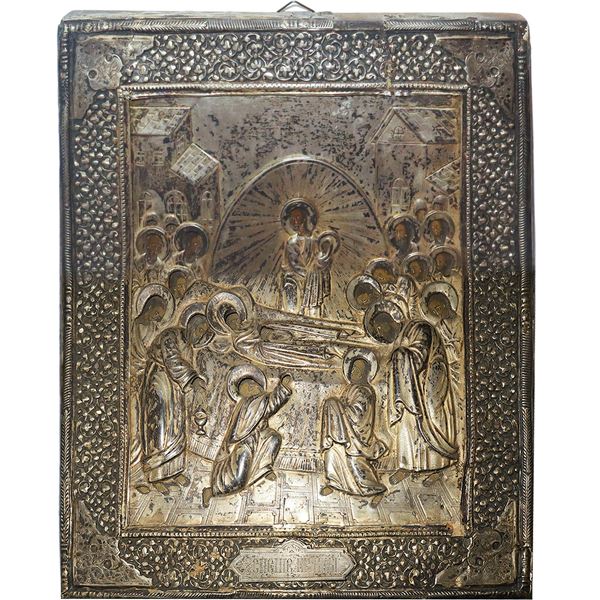 Russian icon with silver riza depicting the Dormition of the Virgin Mary 