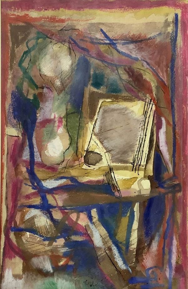 Dipinto a tecnica mista su carta raffigurante composizione astratta, Enzo Brunori (Perugia, 1924 – Roma, 1993). Cm 33x22