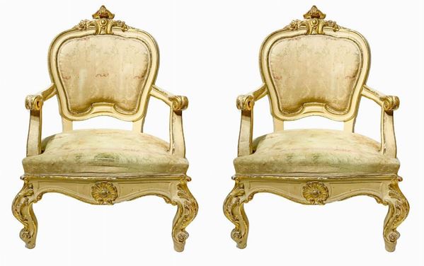 Ranked # 2 Seats in the beije tones and gold leaf, Louis Philippe, nineteenth century, coming from noble Sicilian family. H backs cm 110x60x60