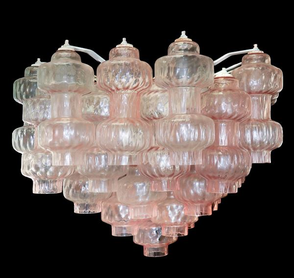 Gino Poli  per Vetreria Aureliano Toso - Lampada a sospensione in vetro di Murano rosa e ottone