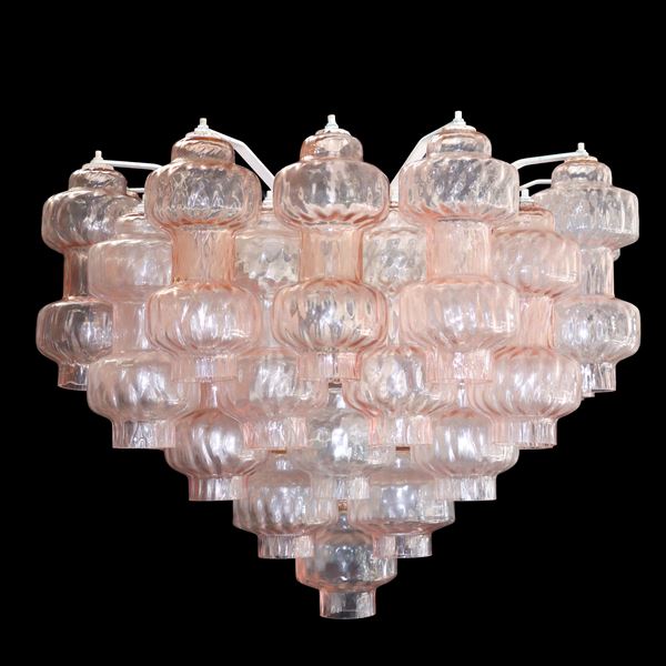 Gino Poli  per Vetreria Aureliano Toso - Lampada a sospensione in vetro di Murano rosa e ottone