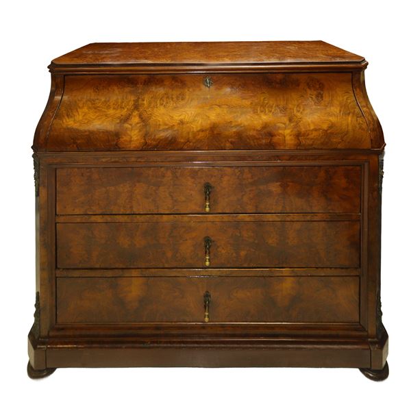 Walnut burl drop-leaf cabinet with drop-leaf and three drawers with bronzes on the sides