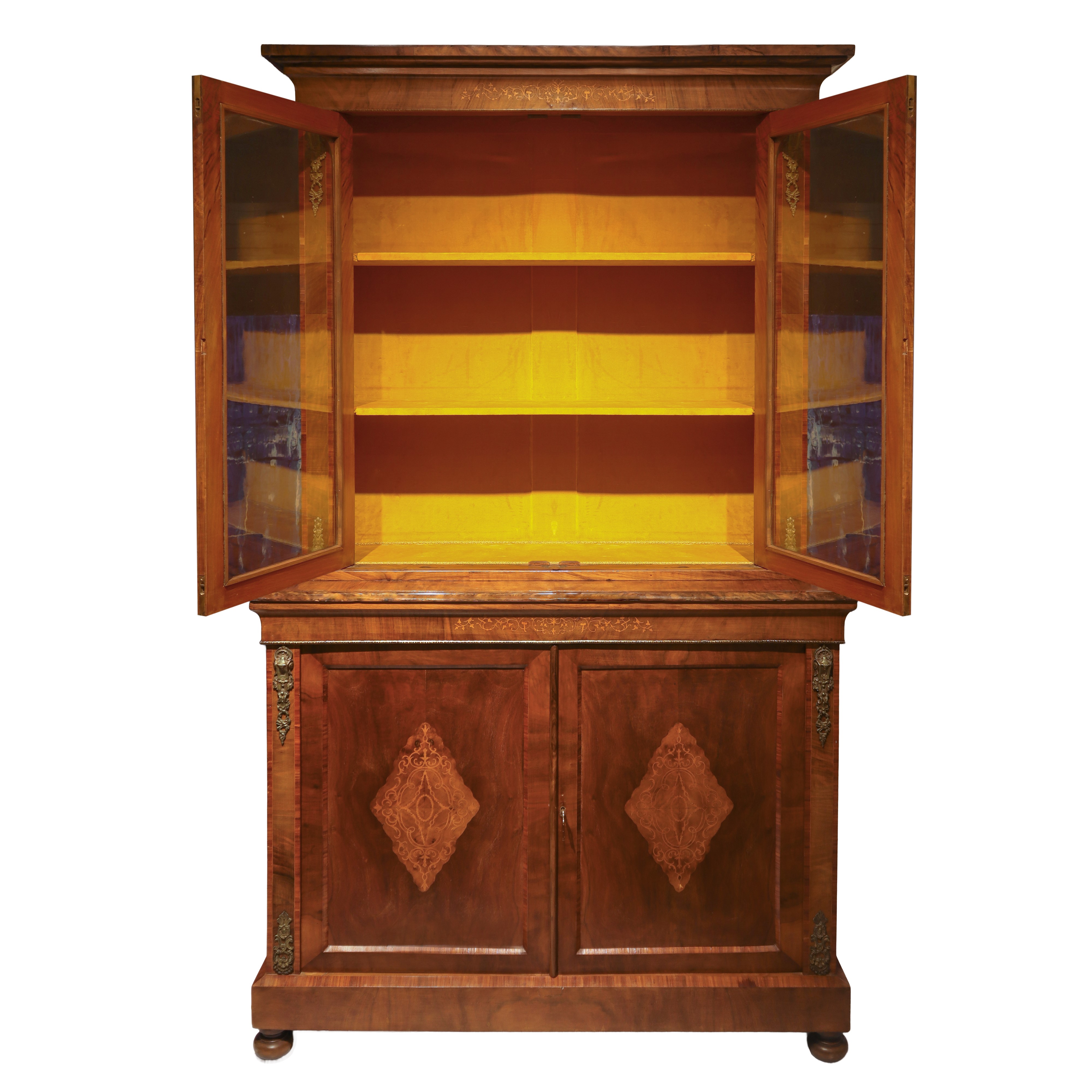 Libreria-credenza in Legno di Noce a Due Corpi con Sportelli a Vetri nella Parte Superiore e Copp...