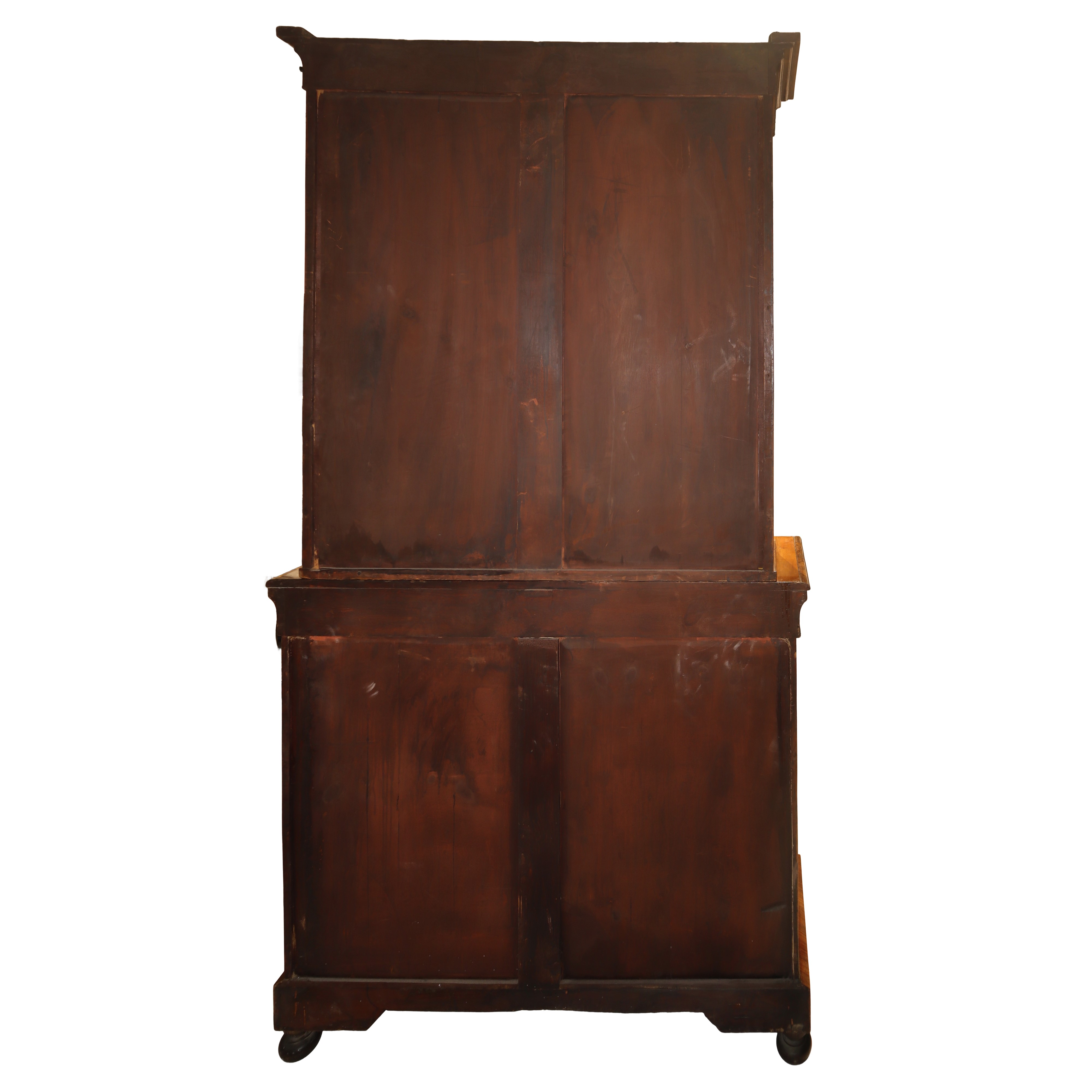 Libreria-credenza in Legno di Noce a Due Corpi con Sportelli a Vetri nella Parte Superiore e Copp...