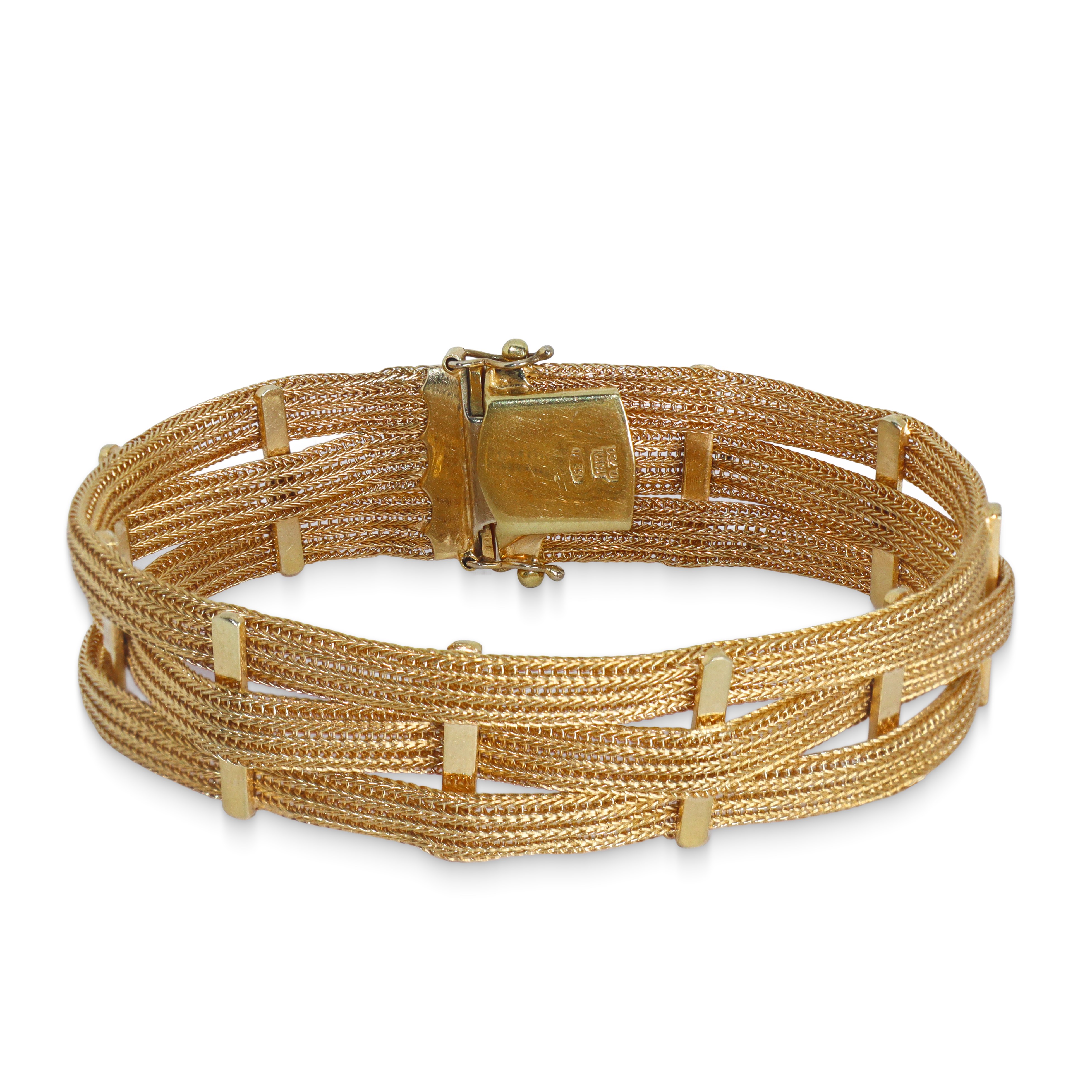 Bracciale in oro giallo 750 a tre maglie semirigido intersecato da barrette in oro