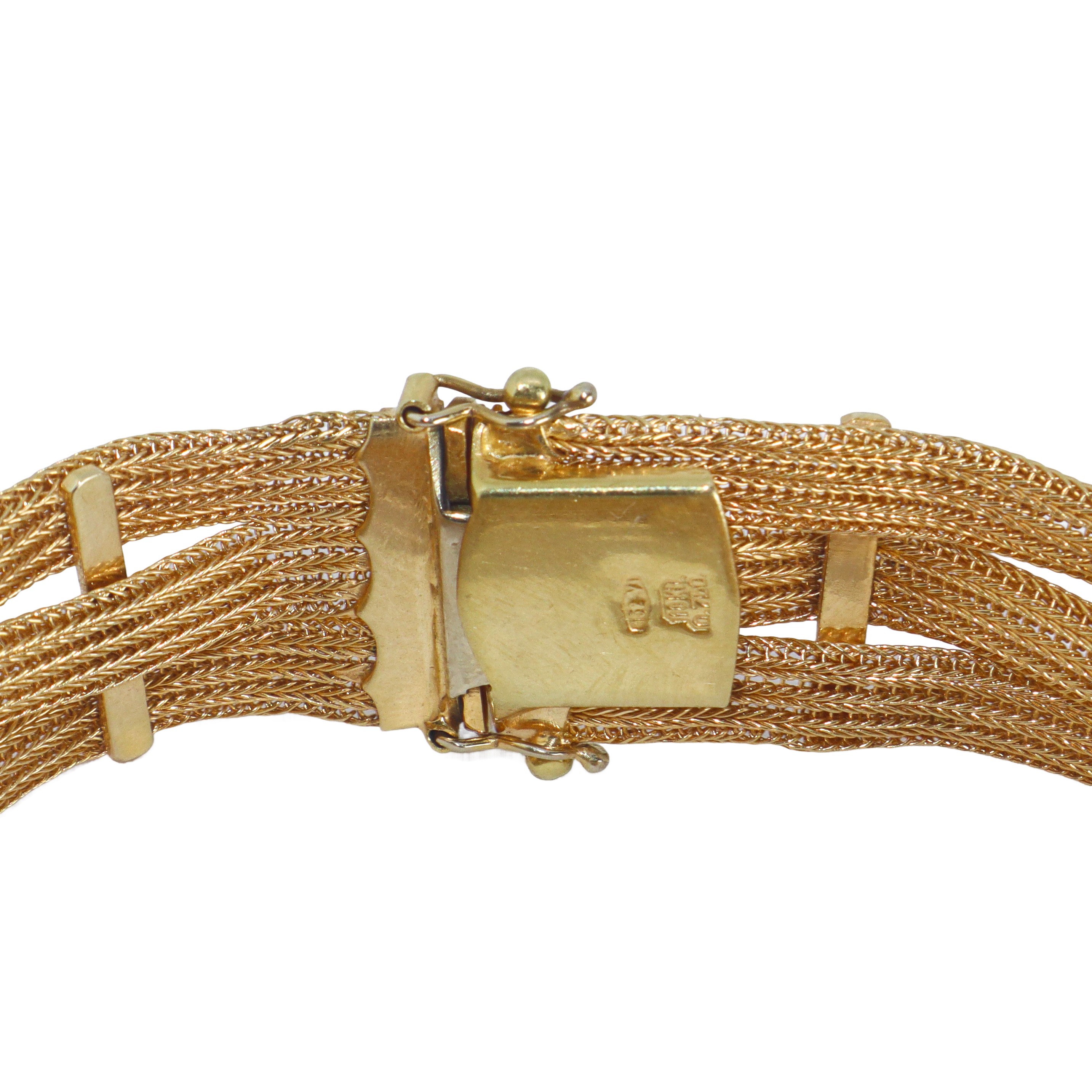 Bracciale in oro giallo 750 a tre maglie semirigido intersecato da barrette in oro