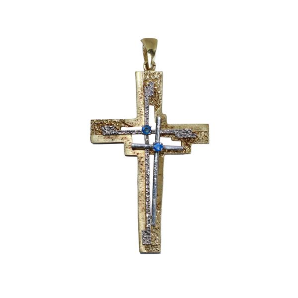 Pendentif croce in oro giallo e oro bianco con zaffiri