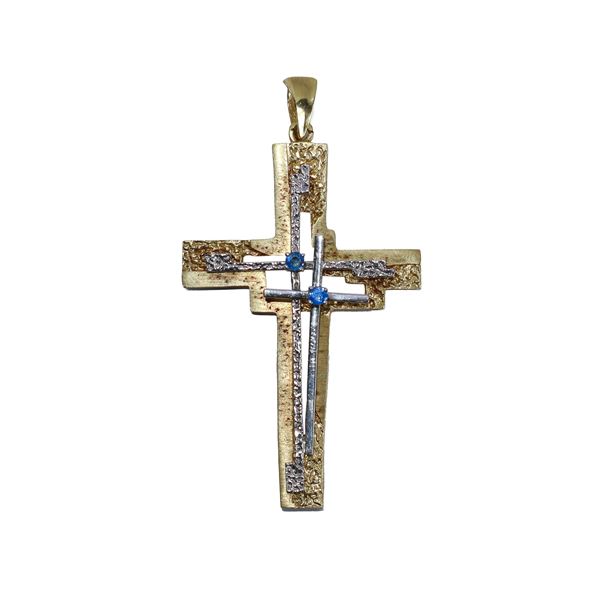 Yellow gold and white gold cross pendant with sapphires