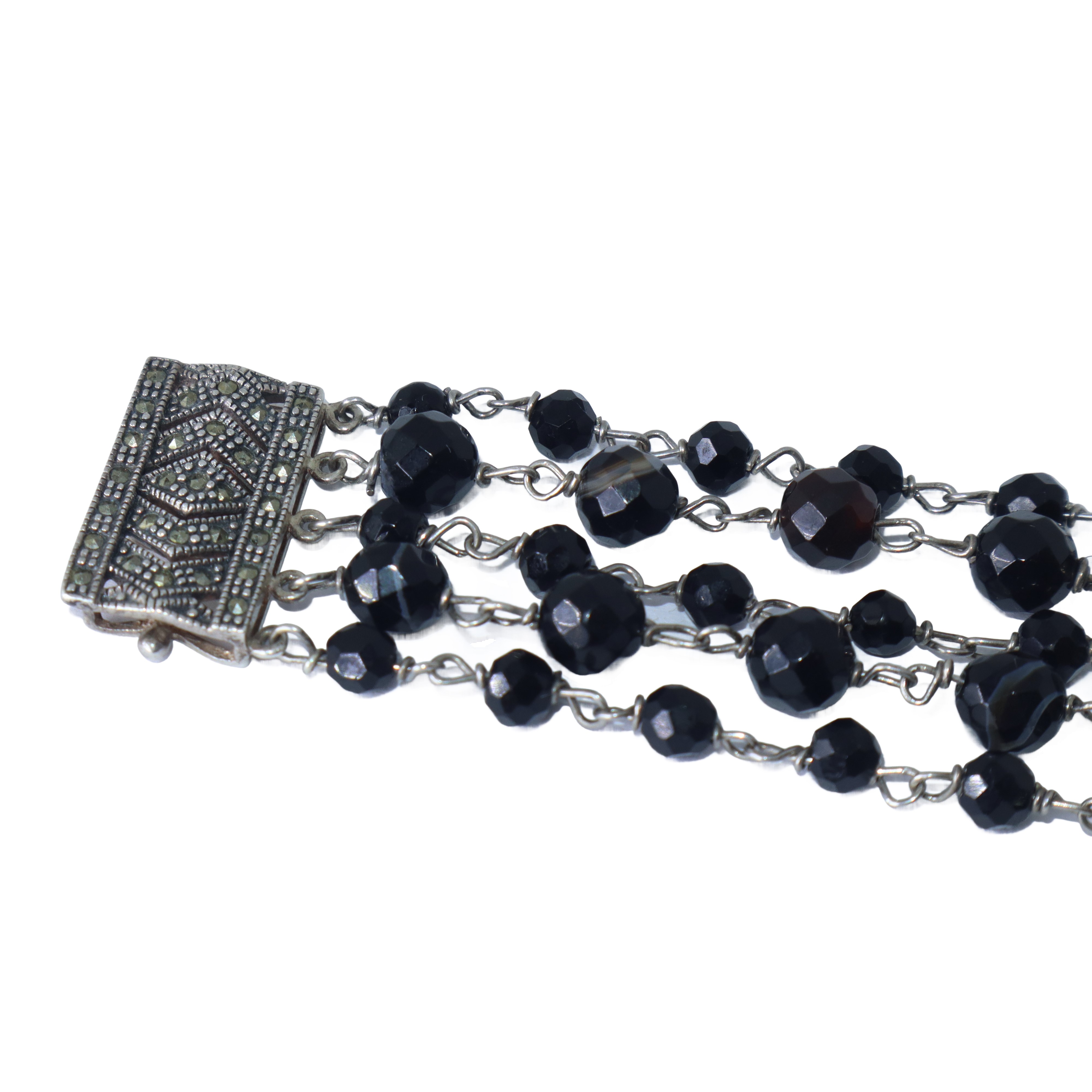 Bracciale con Grani in Onice Argento 925 e Marcassite con Chiusura di Sicurezza