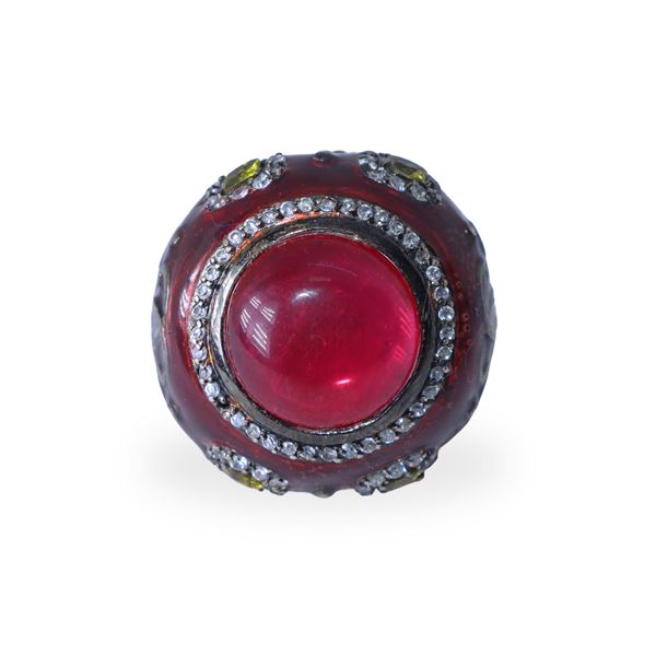 Adjustable 925 silver ring with red enamel and central red quartz