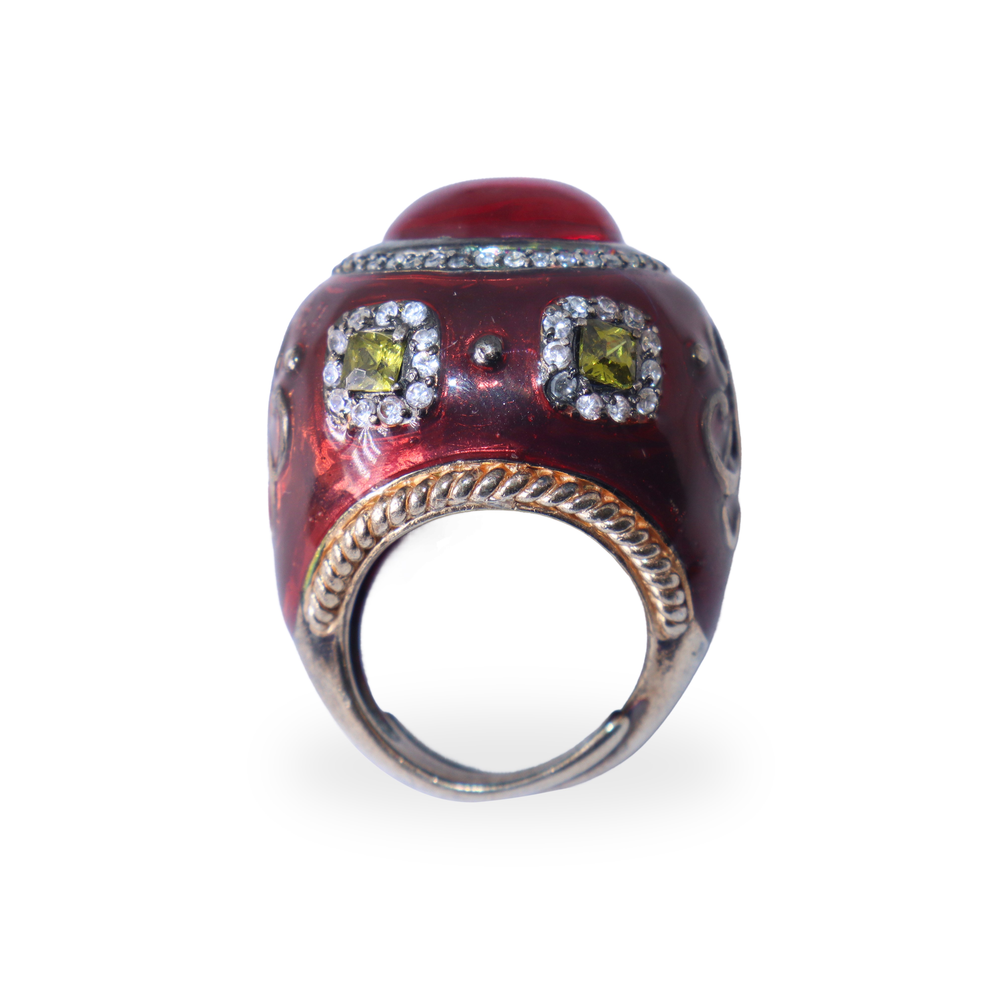 Anello in argento 925 regolabile con smalto rosso quarzo rosso centrale