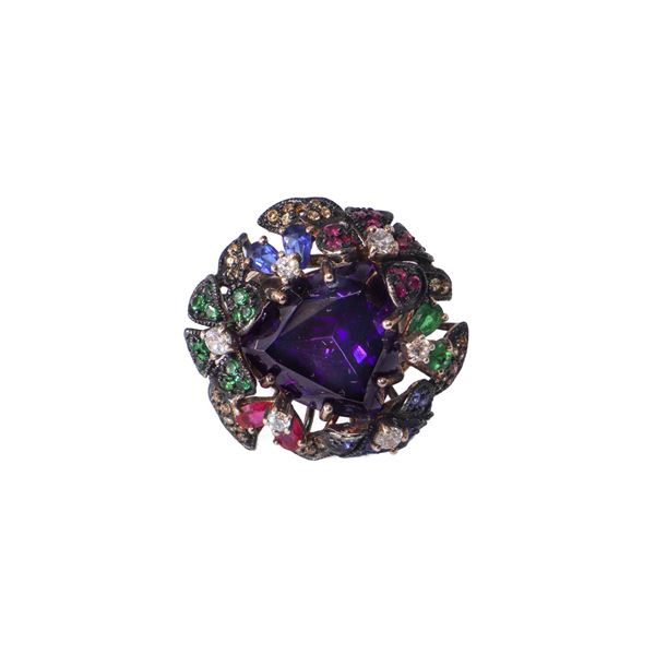 925 silver ring with multicolor stones and central purple stone