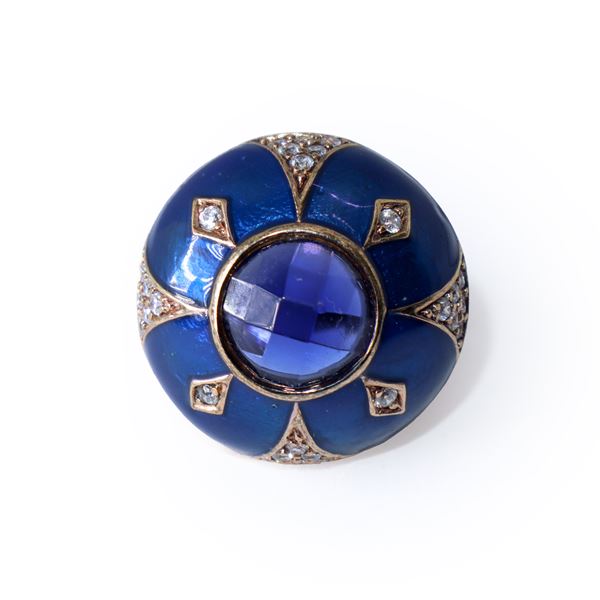 Round ring in 925 silver with central blue stone and blue enamels