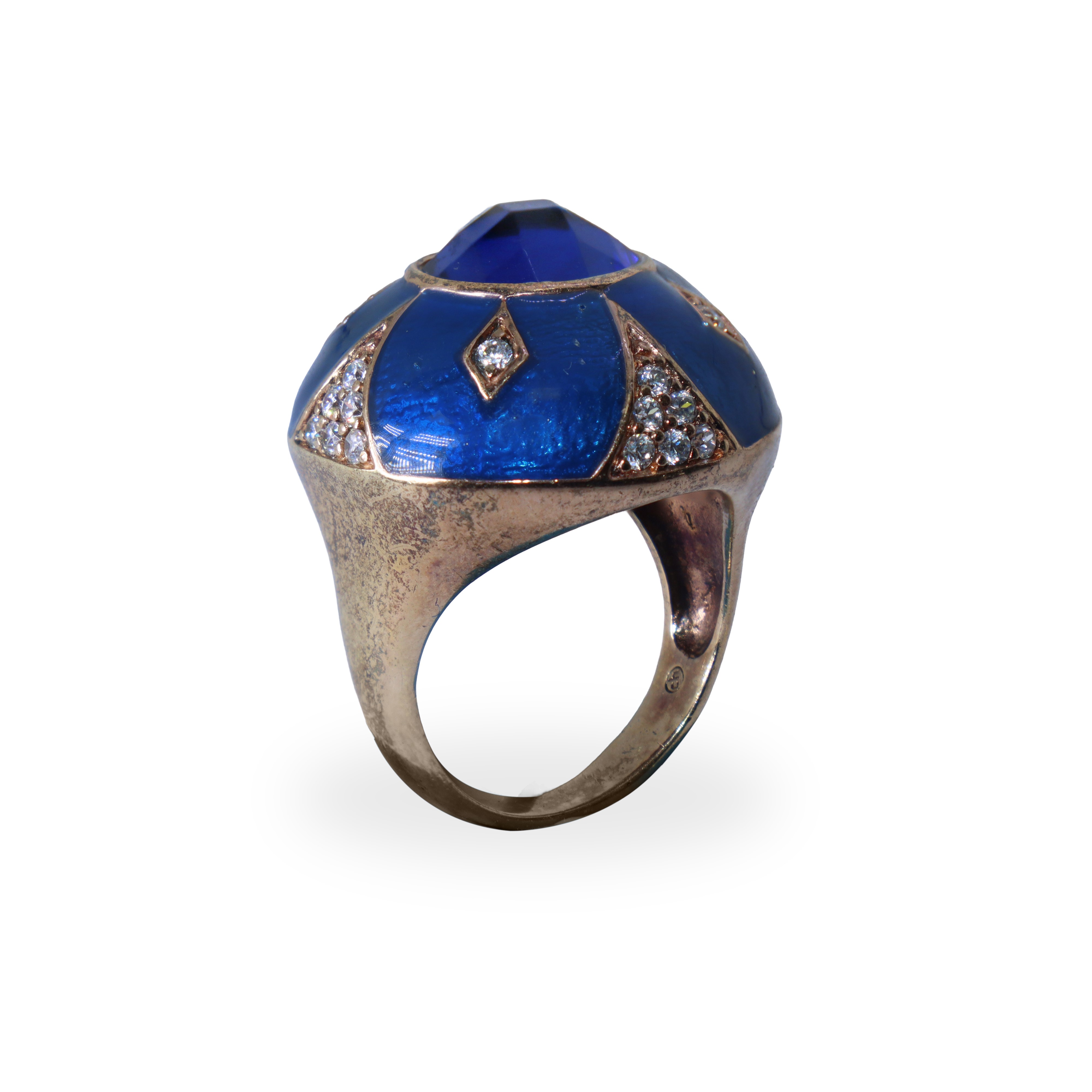 Anello rotondo in argento 925 con pietra blu centrale e smalti blu