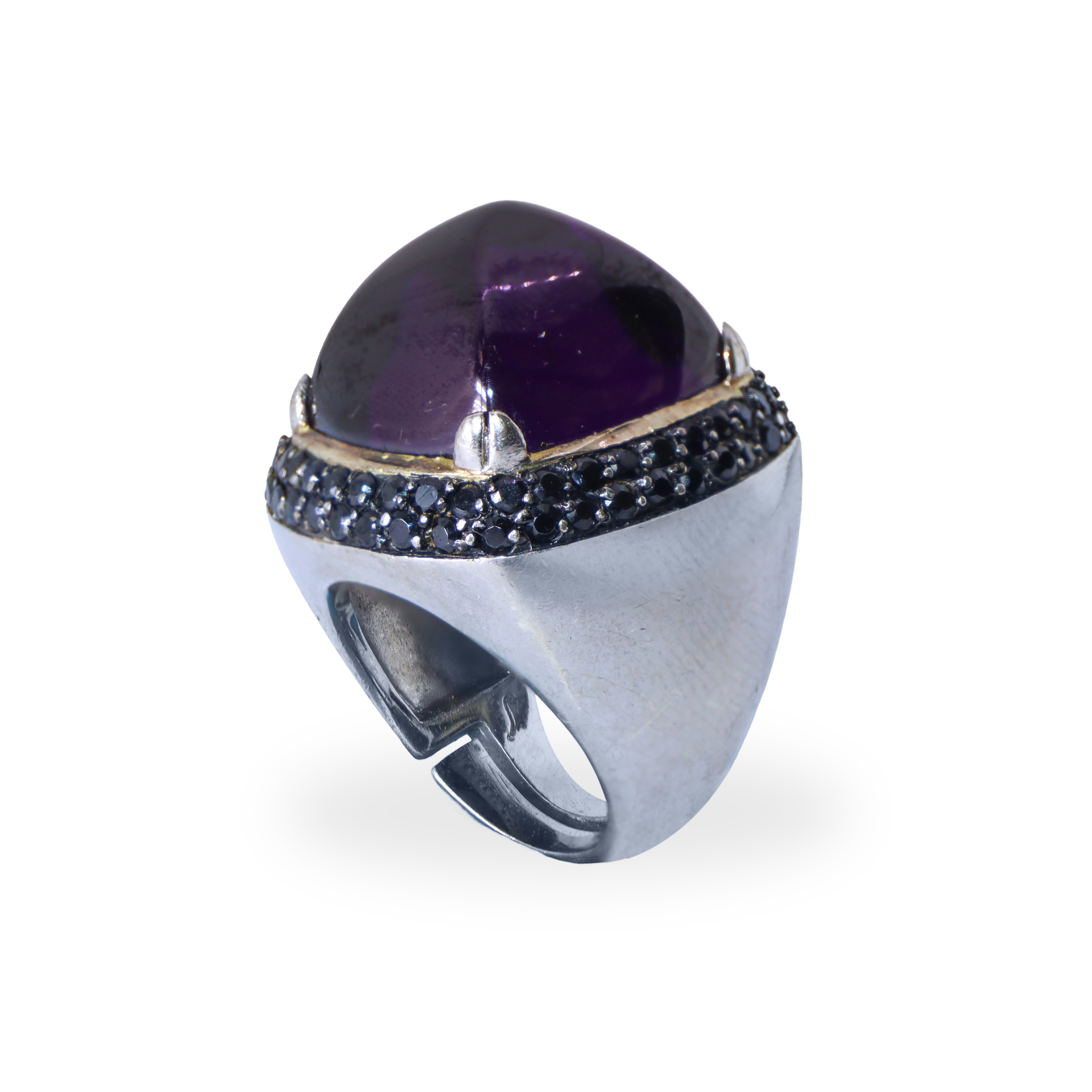 Anello in argento 925 quadrato con pietra viola centrale e due file di pietre nere intorno