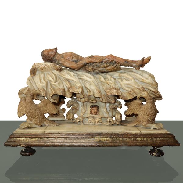 Sculpture of the Deposition of Christ on a base with eagles in alabaster and pink alabaster from Trap [..]