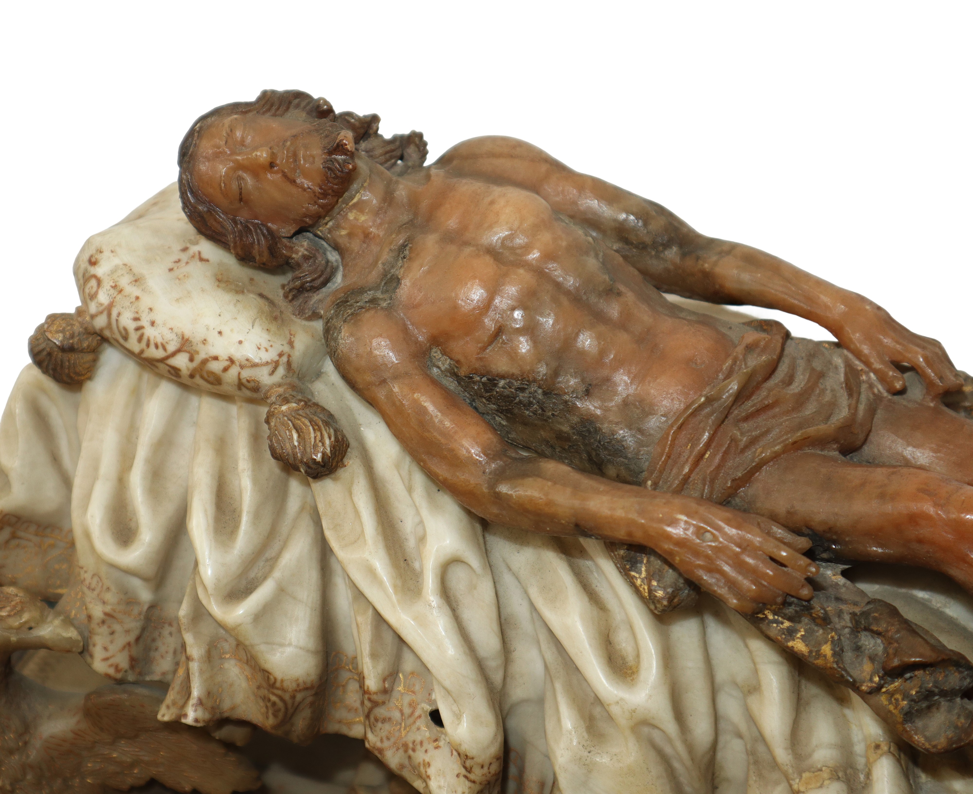Scultura della deposizione di Cristo su base con aquile in alabastro e in alabastro rosa di Trapa...