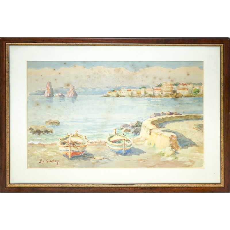 Faraglioni di acitrezza con barche a secco