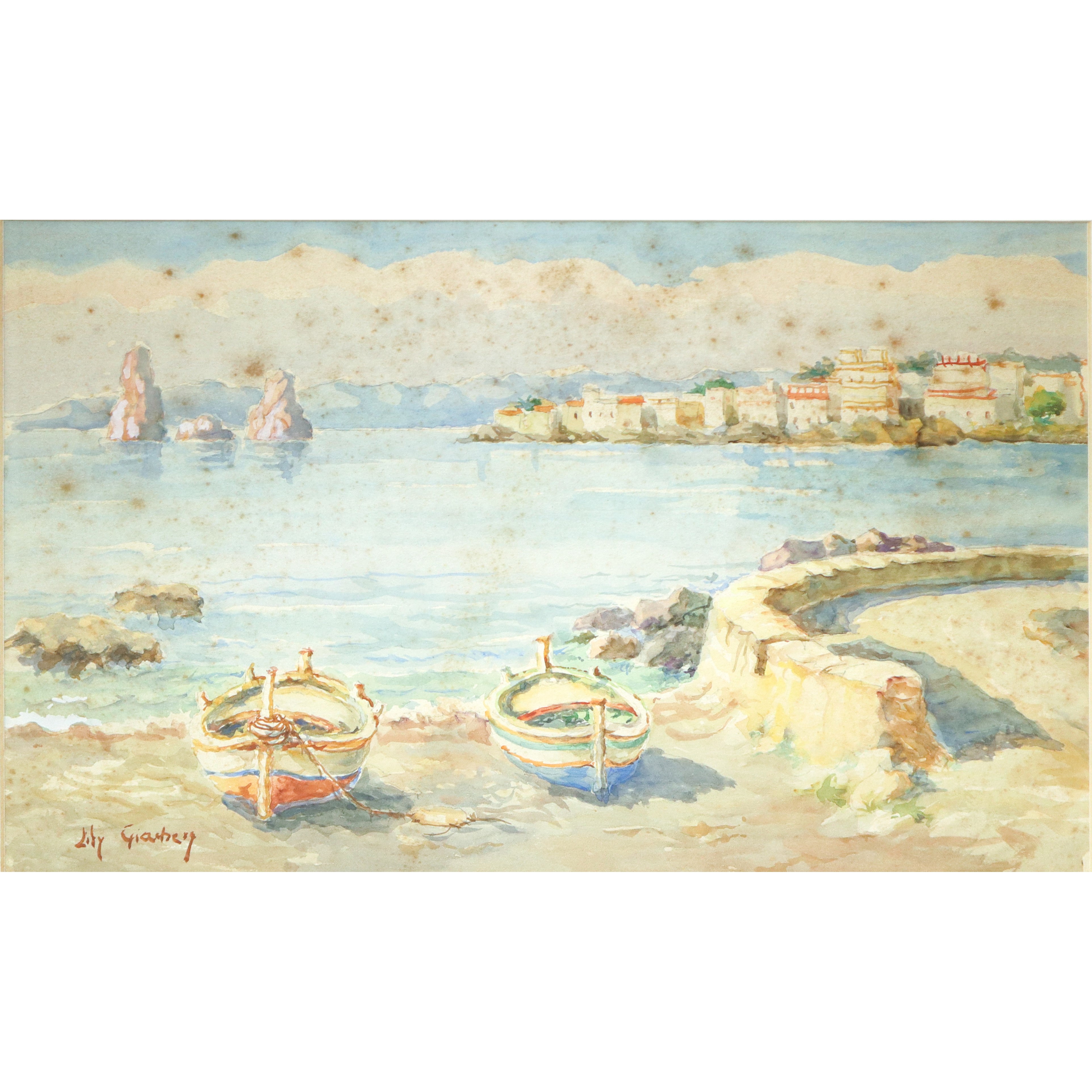 Faraglioni di acitrezza con barche a secco