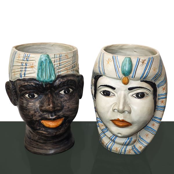 Navanzino  Ceramiche Artistiche - Pair of Moor&#39;s heads in Caltagirone majolica