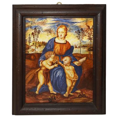Placca in Ceramica Raffigurante Madonna con Gesù e San Giovannino