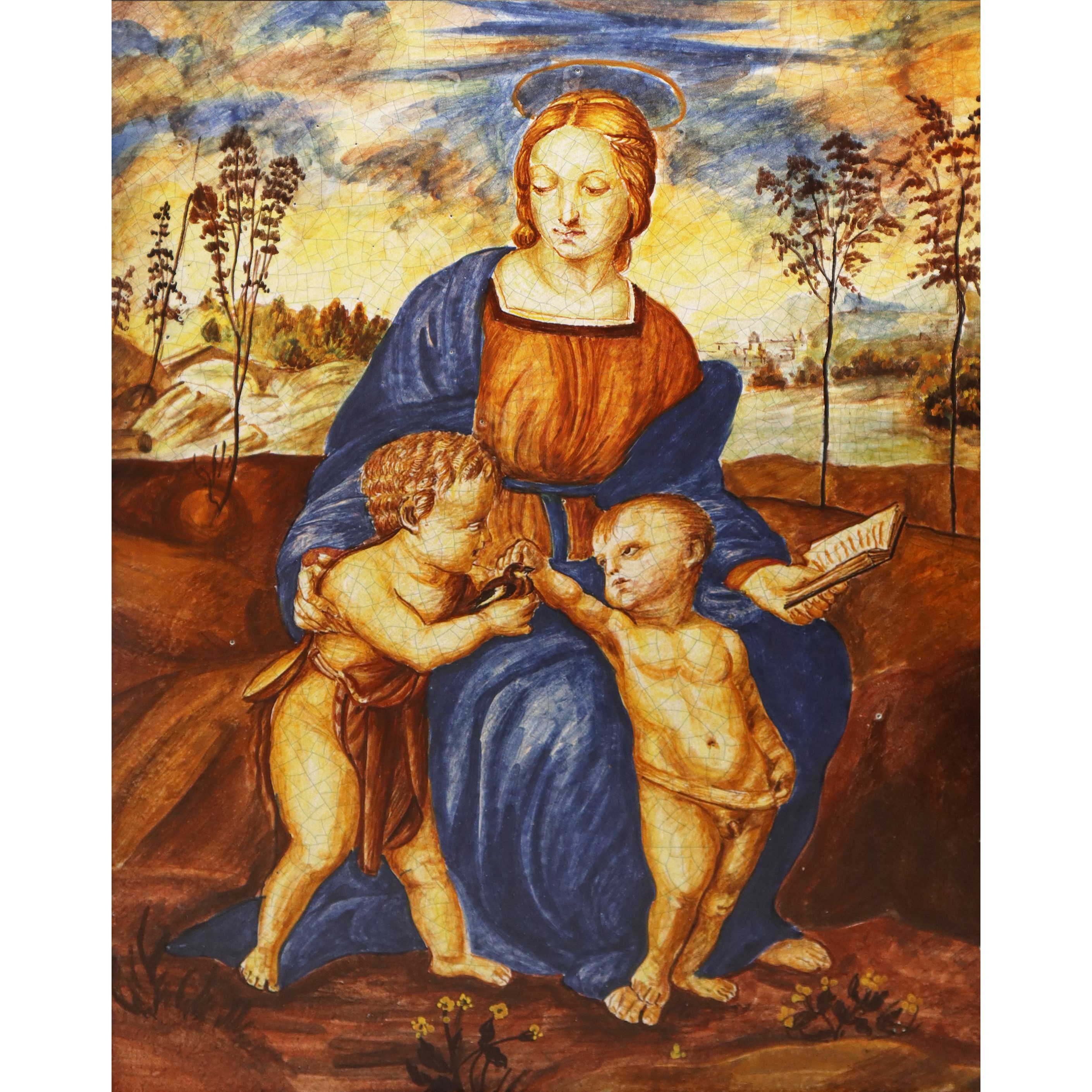 Giulio Romano - Placca in Ceramica Raffigurante Madonna con Gesù e San Giovannino