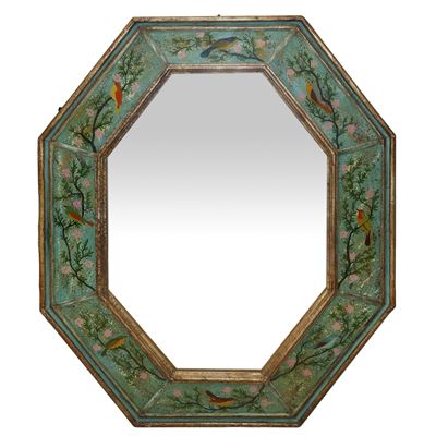 Specchio Ottagonale con Cornice a Vetri Dipinti a Smalti Dall'interno