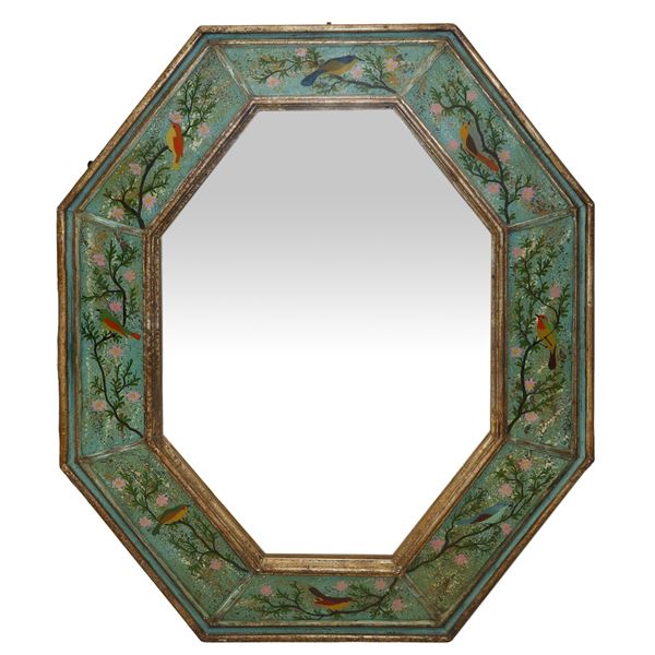 Octagonal mirror with glass frame painted with enamels on the inside