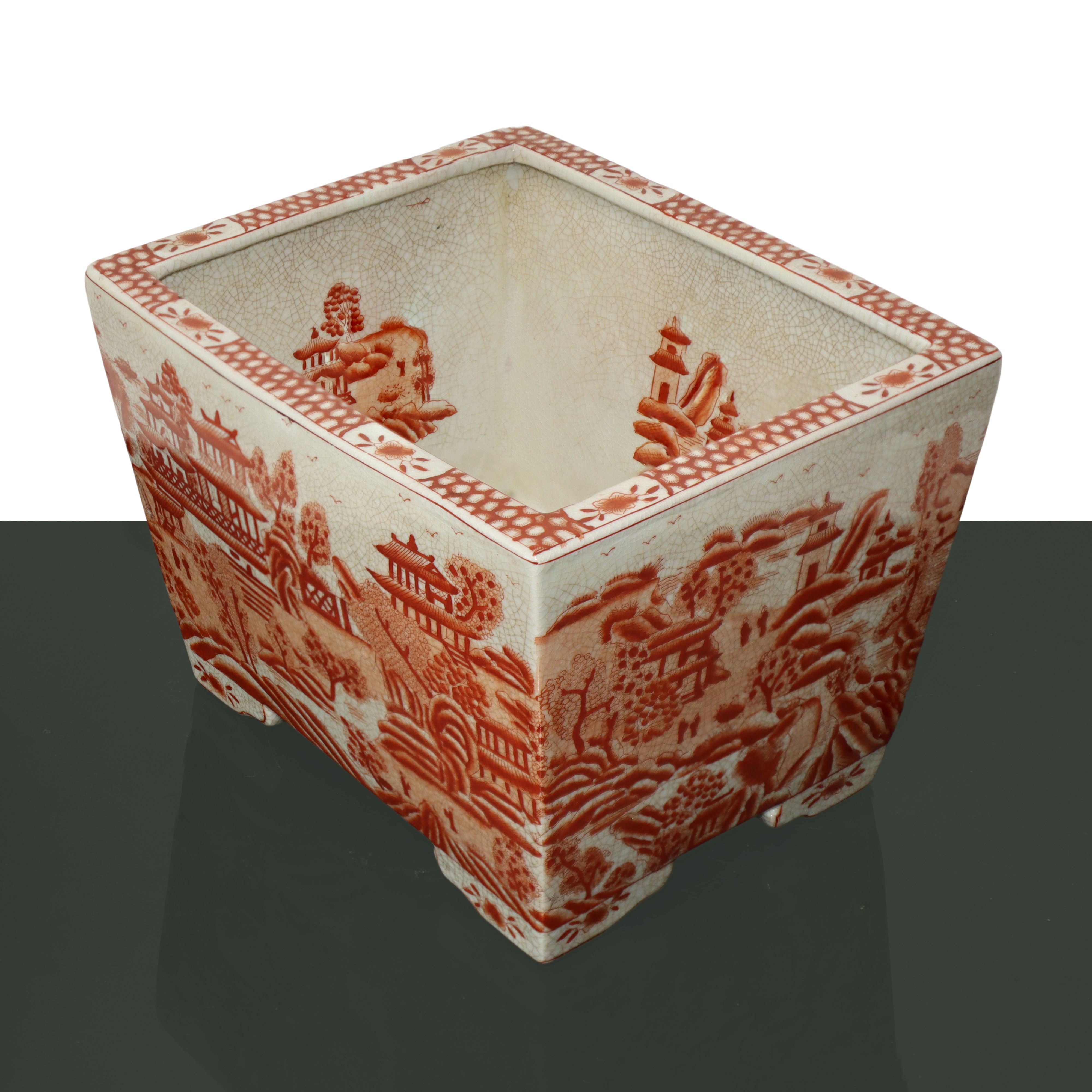 Vaso per bonsai orange Cina dipinto con paesaggi all'interno e all'esterno