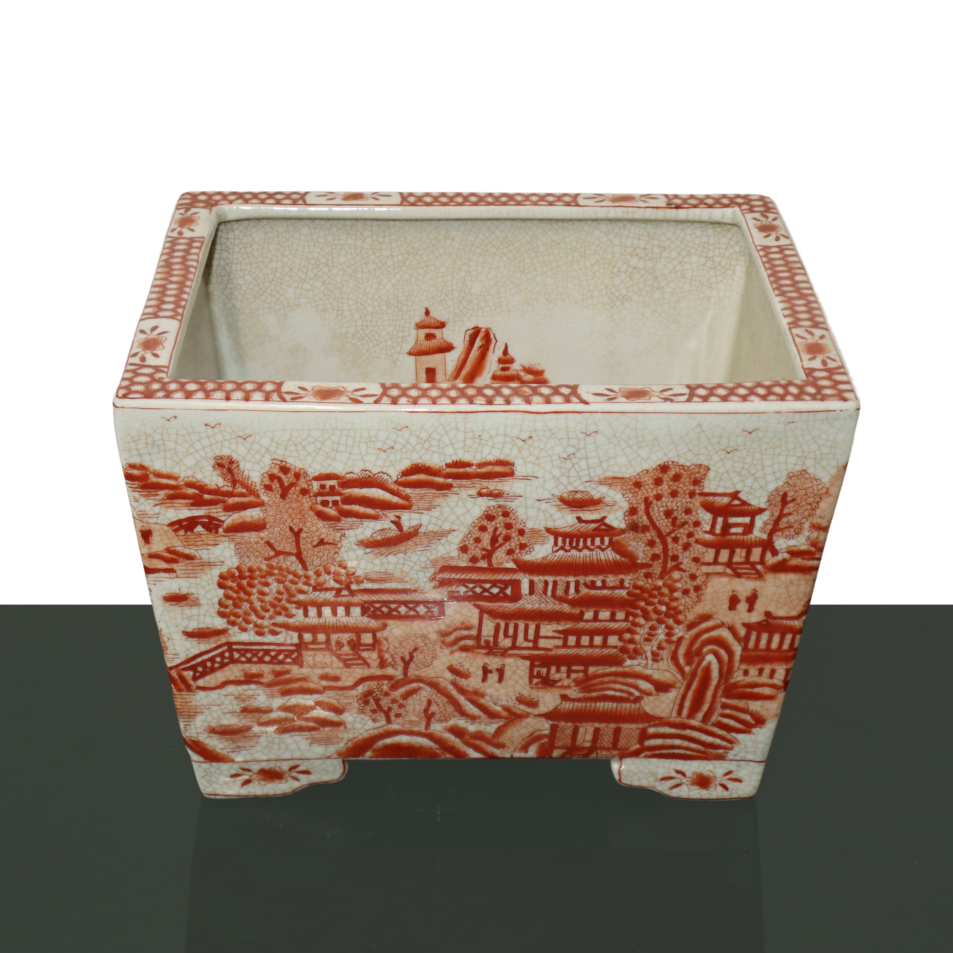 Vaso per bonsai orange Cina dipinto con paesaggi all'interno e all'esterno